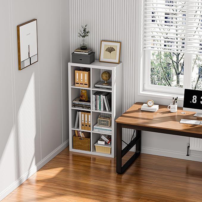 furtble Bookshelf with Storage Bin, 6-Cube Storage Organizer, Modern Wood Open Bookcase, Multifunctional Display Cubicle Shelf for Living Room, Bedroom, Home Office, White