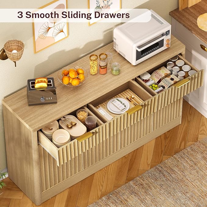usikey 55” Large Buffet Cabinet with Storage & Drawers, Sideboard Cabinet with 2 Adjustable Shelves & 4 Doors, Coffee Bar Station, Kitchen Storage Cabinets, Natural