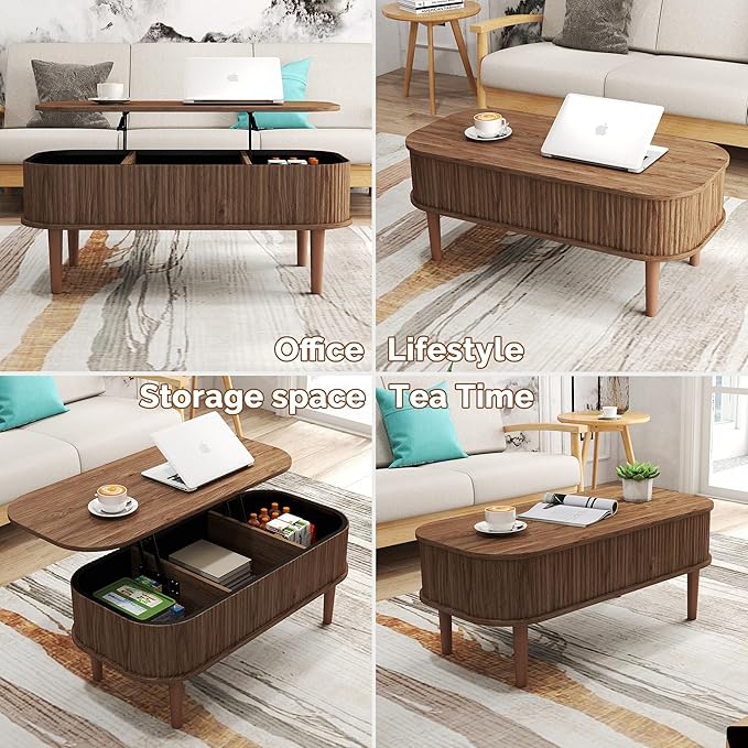 Fluted Lift Top Coffee Table with Hidden Storage, Oval Coffee Table with Lifting Top, Mid Century Modern Design for Living Room, Office & Small Spaces(Walnut)