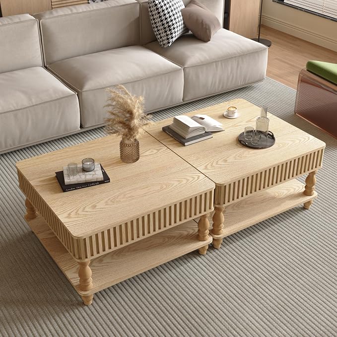 31.5 Inch Square Lift Top Coffee Table with Hidden Storage, 2 Tier Wooden Square Fluted Coffee Table with Open Shelf & Sculpted Leg, Retro Center Table for Living Room, Apartment, Home Office, Natural