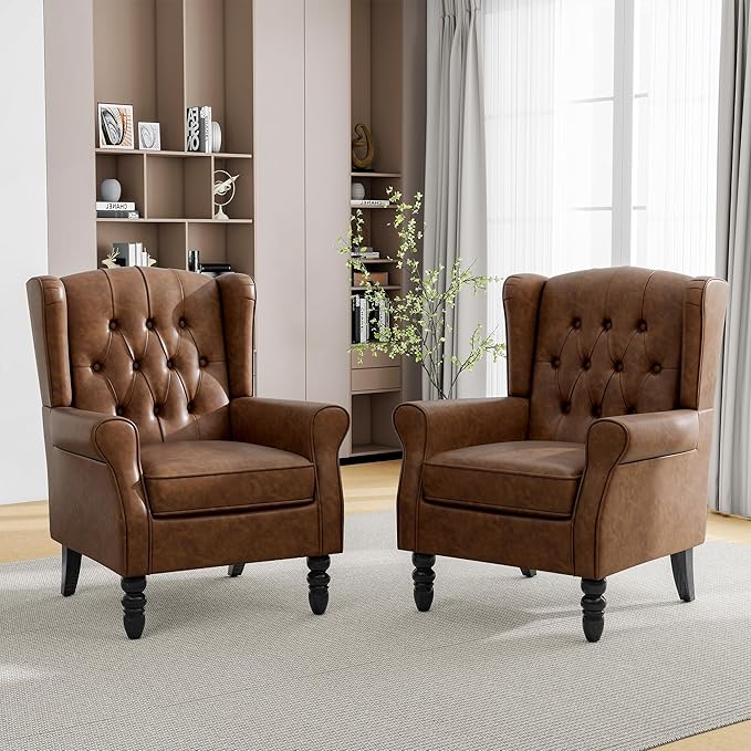 Pia Ricco Set of 2 Mid-Century Modern Wingback Accent Chairs - Luxe Brown Faux Leather with Wooden Legs, Easy-Clean PU Leather for Living Room, Lounge, Home Theater & Dining Room