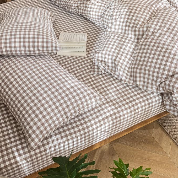 MooMee Gingham Duvet Cover Set 100% Washed Cotton Linen Like Textured Breathable Durable Soft Comfy Modern Checkered Design (Brown Gingham, Full 80"x90")