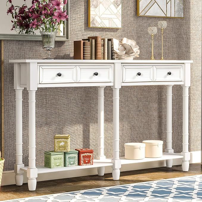 Merax Retro Console Table Sofa Table for Entryway with Drawers and Shelf Living Room Table (White)