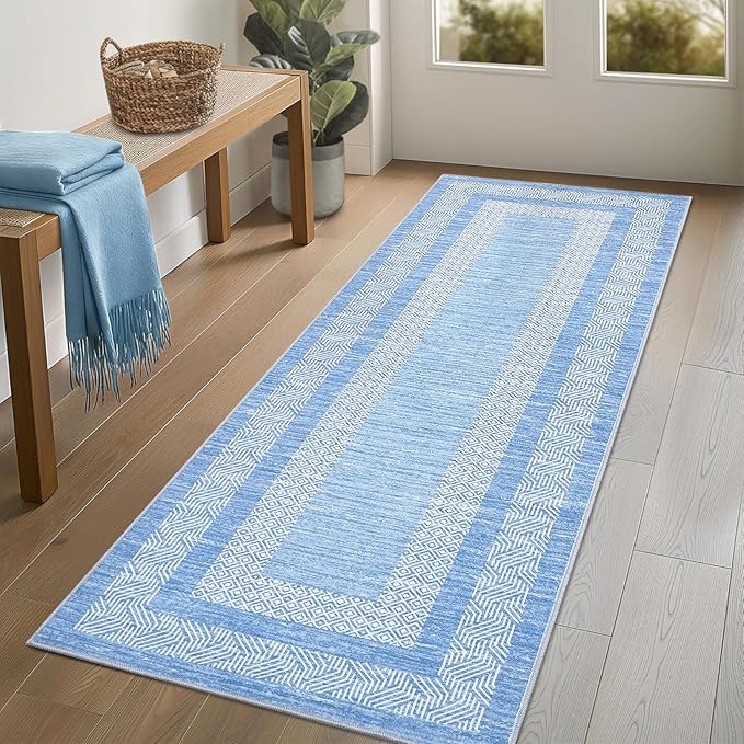 GarveeHome Washable 2.5x10 Kitchen Runner Rug, Easy Clean Geometri Rugs for Hallway Entryway, Indoor Outdoor Non Slip Rug Farmhouse Morden Carpet Door Mat Area Rug for Laundry Room Light Blue
