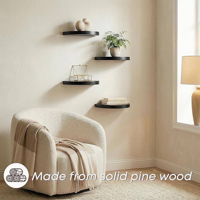 Small Wood Floating Shelves (2-Pack, 8-inch Diameter) - Round Sturdy Invisible Wall Mount Display for Small Plants,Toys,Bathroom,Living Room Storage & Modern Rustic Décor (Black)