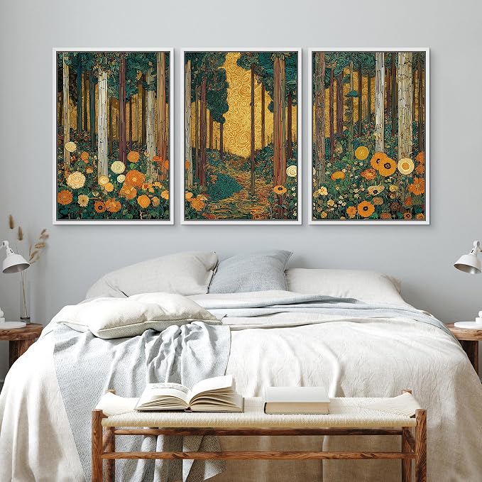 wall26 Framed Print Wall Art Set Klimt Style Sunlit Forest Vibrant Green and Gold Floral WoodlandDecorative Minimal Relax/Zen for Living Room, Bedroom, Office - 16"x24"x3 WHITE
