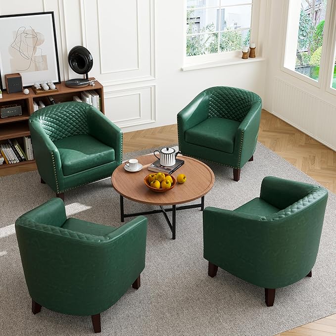 Accent Barrel Chair, Upholstered Faux Leather Club Chair with Nailed Trim, Comfy Reading Armchair for Living Room Bedroom Reception Room Office (Dark Green, Set of 4)