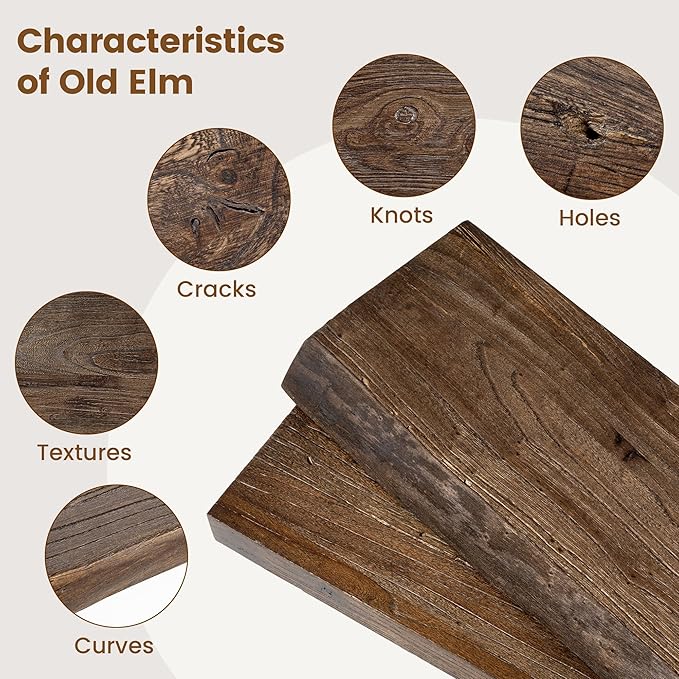 Reclaimed Elm Wood Floating Shelves for Wall, Flat Edge 24"W x 9.2"D x 1.4"H, Set of 2 with Invisible Bracket, Wall Mounted Shelves for Living Room Bedroom Kitchen Bathroom Decor, Walnut Finish