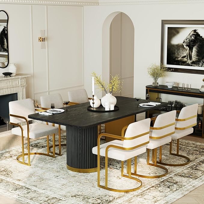 AUZ 78” Luxury Dining Table for 6-8, Farmhouse Wood Dining Room Table with Fluted Design and Brushed Metal Base, Large Rectangular Kitchen Table, Black and Gold