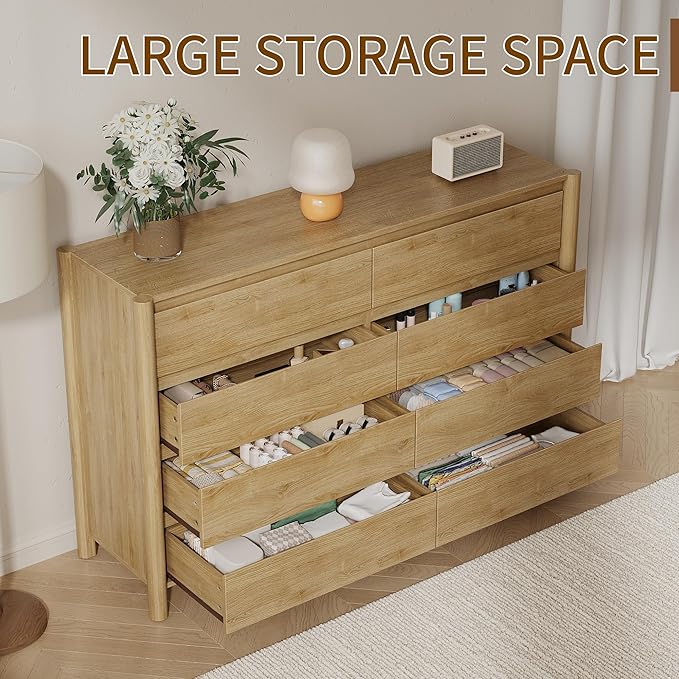 CHUWELL Dresser for Bedroom，55" Wide Mid Century Chest of Drawers with 8 Large Storage Space and 4 Solid Wood Cylindrical Legs,8 Drawer Large Dresser for Bedroom(Oak)