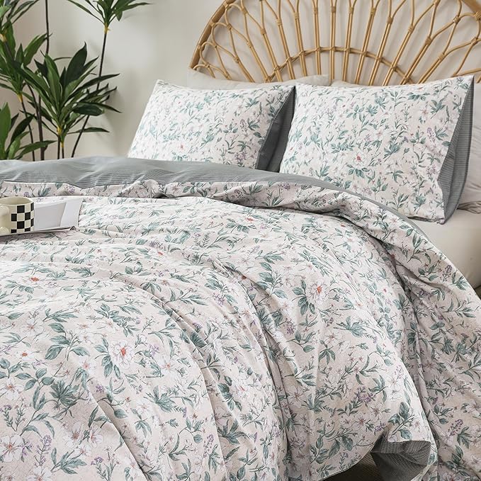 HoneiLife Floral Duvet Cover King - 100% Cotton Comforter Cover, Soft Botanical Bedlinen Set with Zipper Closure & Corner Ties,3-Piece Wildflower Comforter Cover Sets, Greenery
