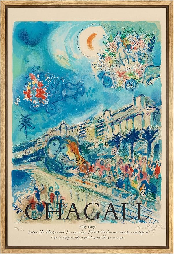 SIGNLEADER Framed Canvas Print Wall Art Chagall Crescent Moon Pastel Floral Landscape Classic Vintage Illustrations Fine Art Decorative Multicolor for Living Room, Bedroom, Office - 24"x36" NATURAL
