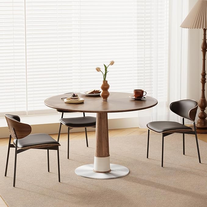 Modern Round Dining Table for 4-6 People, 47.2" Small Circle Pedestal Kitchen Table with Metal Base for Dining Room, Kitchen or Living Room, Walnut