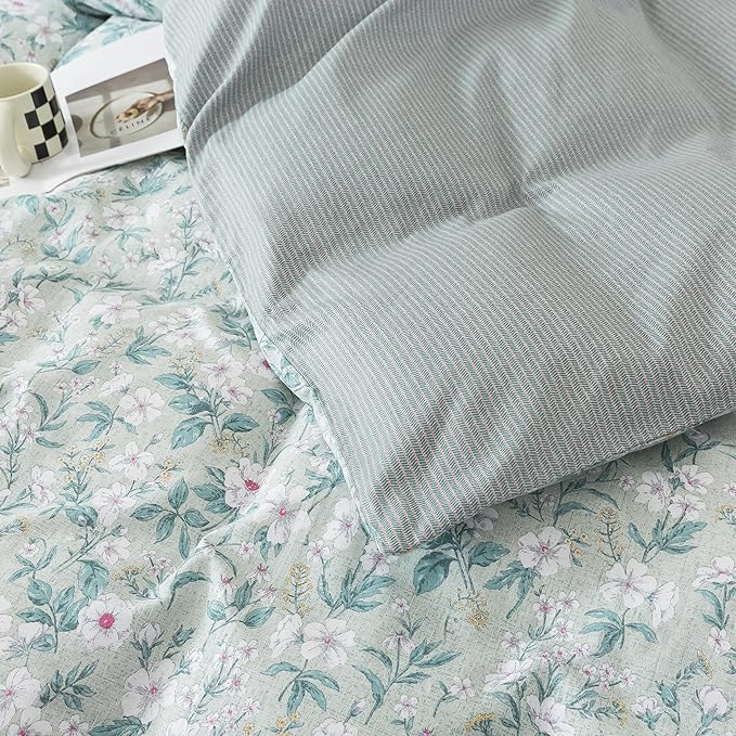 HoneiLife Wildflower Duvet Cover Queen - 100% Cotton Comforter Cover 3-PC, Botanical Bedlinen Set with Zipper Closure & Corner Ties, Floral Comforter Cover Sets, Greenery