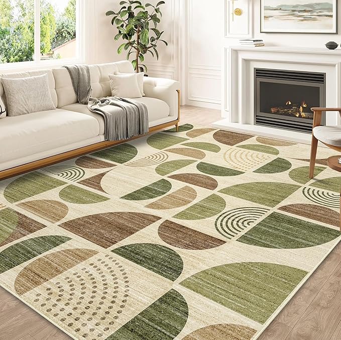 MUJOO Washable Rug 8x10,Large Area Rugs for Living Room Bedroom Dining Room,Boho Throw Floor Carpet Non Slip Soft Modern Abstract Vintage Green and Brown