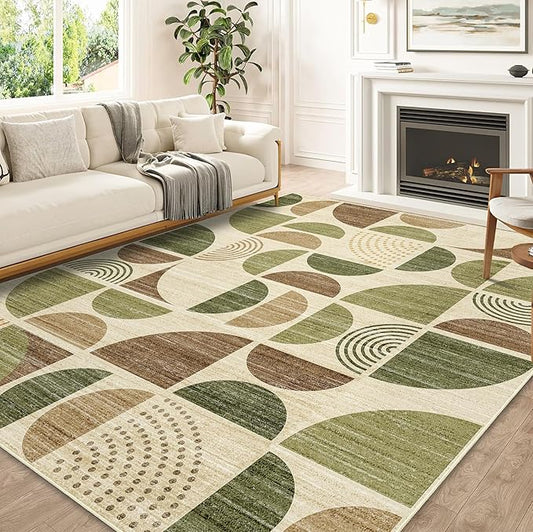 MUJOO Washable Rug 8x10,Large Area Rugs for Living Room Bedroom Dining Room,Boho Throw Floor Carpet Non Slip Soft Modern Abstract Vintage Green and Brown