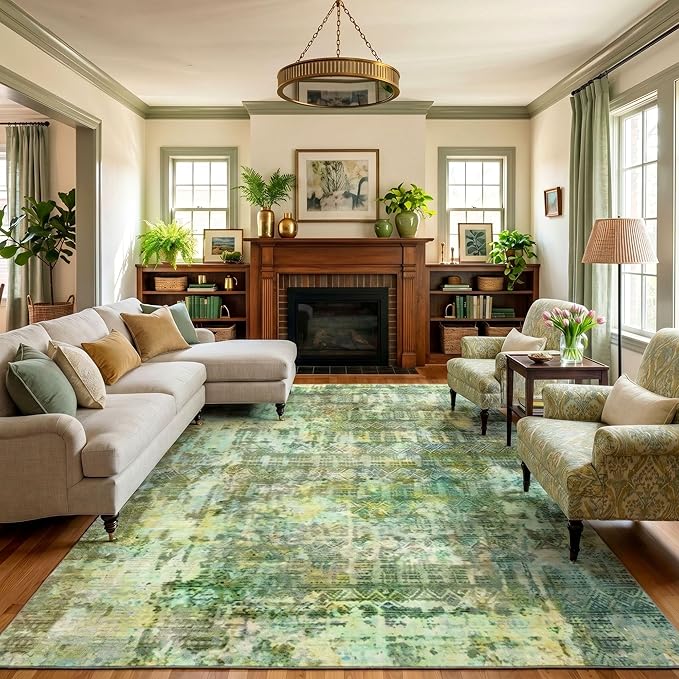 Kokia Abstract Green Area Rugs 9x12 Bedroom Washable Decor Low Pile Non-Slip Non-Shedding Indoor Carpet Foldable Stain Resistant Floor Mat Living Room Dining Room, Sage Green