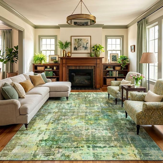 Kokia Abstract Green Area Rugs 9x12 Bedroom Washable Decor Low Pile Non-Slip Non-Shedding Indoor Carpet Foldable Stain Resistant Floor Mat Living Room Dining Room, Sage Green