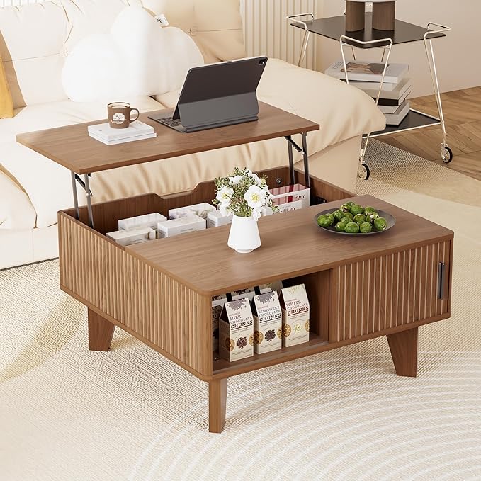 Lift Top Coffee Table with Storage, 29.7" Small Square Coffee Table for Living Room, Mid Century Modern Fluted Wood Center Table with Sliding Tambour Door, Walnut