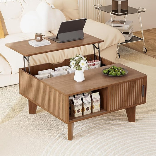 Lift Top Coffee Table with Storage, 29.7" Small Square Coffee Table for Living Room, Mid Century Modern Fluted Wood Center Table with Sliding Tambour Door, Walnut