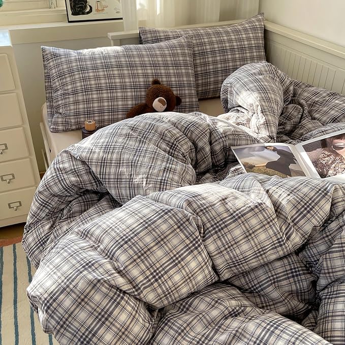 mixinni King Duvet Cover Set - 3 Piece Vintage Buffalo Plaid Bedding, 100% Washed Cotton Duvet Cover with 2 Pillowcases, Soft & Breathable Navy Beige White Geometric Grid Pattern for All Seasons