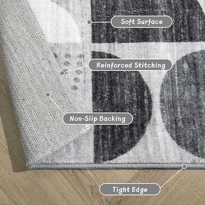 MUJOO Washable Rugs 9x12,Large Area Rugs for Living Room Bedroom Dining Room,Boho Throw Floor Carpet Non Slip Soft Modern Abstract Black and Grey