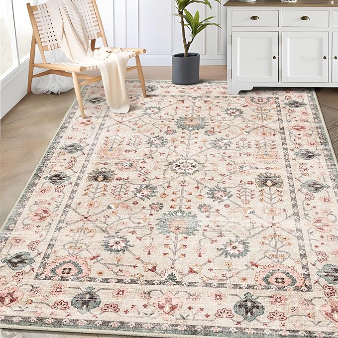 MUJOO Washable Rug 3'x5' Pink,Boho Small Area Rugs for Entryway Bedroom Living Room Kitchen,Non Slip Carpet Indoor,Vintage Soft Green and Blush Floral Rug