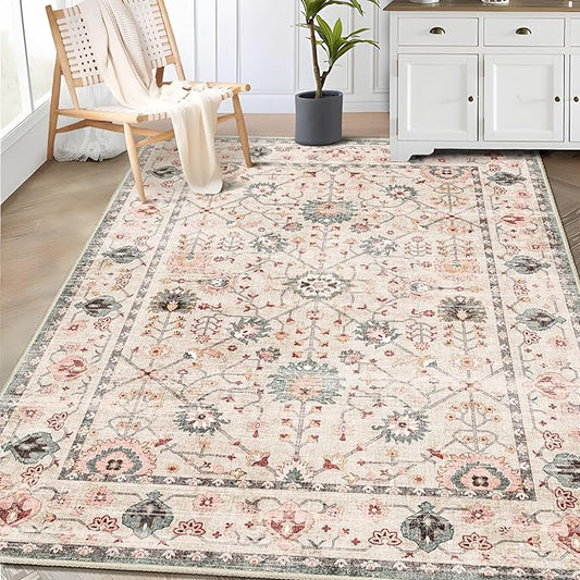MUJOO Washable Rug 3'x5' Pink,Boho Small Area Rugs for Entryway Bedroom Living Room Kitchen,Non Slip Carpet Indoor,Vintage Soft Green and Blush Floral Rug