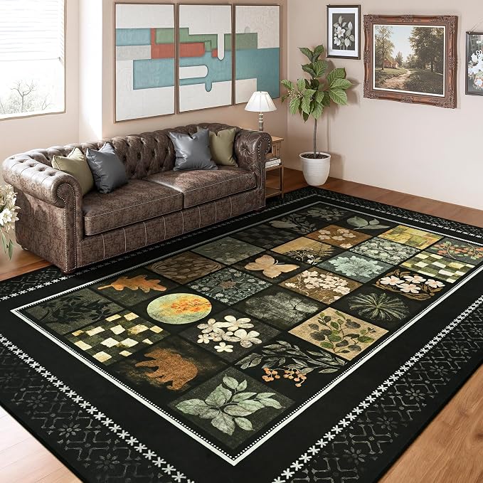 Tepook 4x6 Area Rugs for Living Room, Modern Large Geometric Rug for Bedroom, Washable Patchwork Rug Indoor Non Slip Throw Carpets for Dining Room Office Farmhouse Home Decor, Black