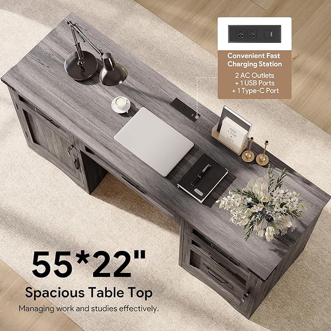 Decofy Farmhouse Executive Desk with Drawers, 55" Home Office Desks with Fast Charging Station, Lockable File Cabinet, Wood Writing Computer Desk for Work, Study, Grey