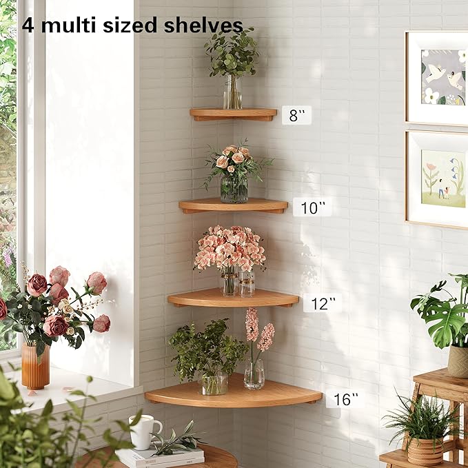 Floating Corner Shelves Oak 10", Solid Oak Wall Mounted Wooden Display Storage Rack with Wire Hole for Plants, Photos, Speakers, Bedroom, Kitchen, Living Room Décor - 1-Pack