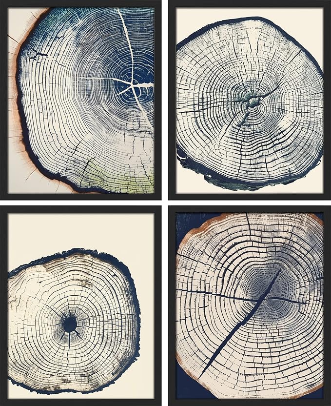 SIGNWIN Framed Blue & White Overexposed Wood Tree Ring Wall Art, Set of 4 Nature Wildernes Wall Decor Prints, Minimalism Wall Décor for Living Room, Bedroom - 12"x16" Black