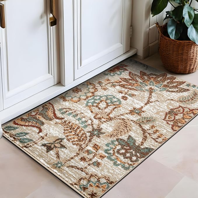 Rugshop Beige Floral Area Rug 2x3- Vintage Botanical Indoor Carpet for Living Room, Bedroom, or Dining Room – Non-Shedding, Soft Low-Pile Traditional Rug 2' x 3'