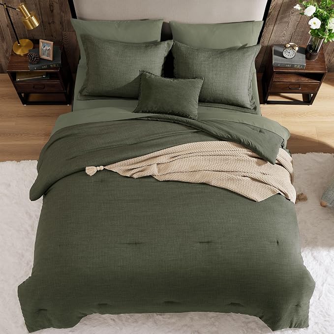 Geniospin Dark Olive Green Full Comforter Set - 7 Pieces Comforter Full Size, Solid Bedding Set for All Season, Textured Bed in a Bag with Sheets