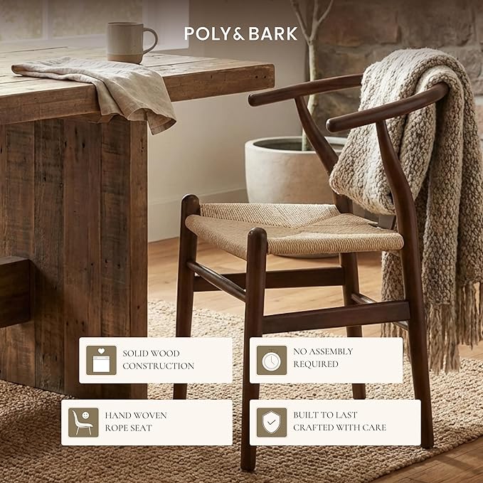 Poly & BARK Weave Dining Chairs – Mid-Century Modern Wishbone Dining Chairs with Arms, Solid Wood Frame, Indoor Use – Walnut– Set of 2 - Ideal for Dining Room, Kitchen or Stylish Accent Setting
