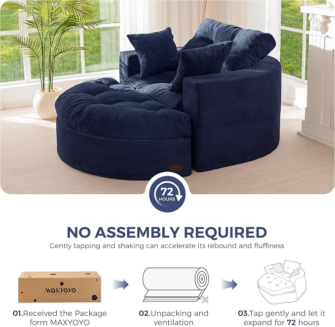 MAXYOYO Oversized Round Chaise Lounge Sofa, Upholstered Lounge Chair with 3 Pillows, Boneless Sofa Couch with Ottoman, Deep Seat Chair for Living Room, Bedroom, No Assembly, Navy