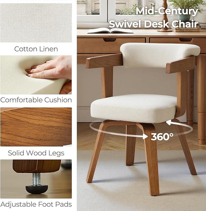 Art Leon Office Chair No Wheels - Mid Century Modern Desk Chair, Fabric Upholstered Accent Arm Chair with Wood Legs for Small Spaces Home Office Living Room Bedroom Study, Off White/Walnut