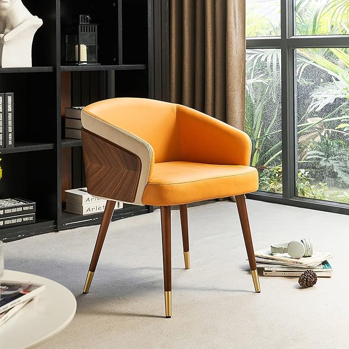 ARTPLAN Dining Rooms Chairs Modern Fabric Upholstered with Walnut for Living Room Arm Chair, Metal Legs Dissassembly Adjustable Foot for Kitchen Dining Room,Yellow