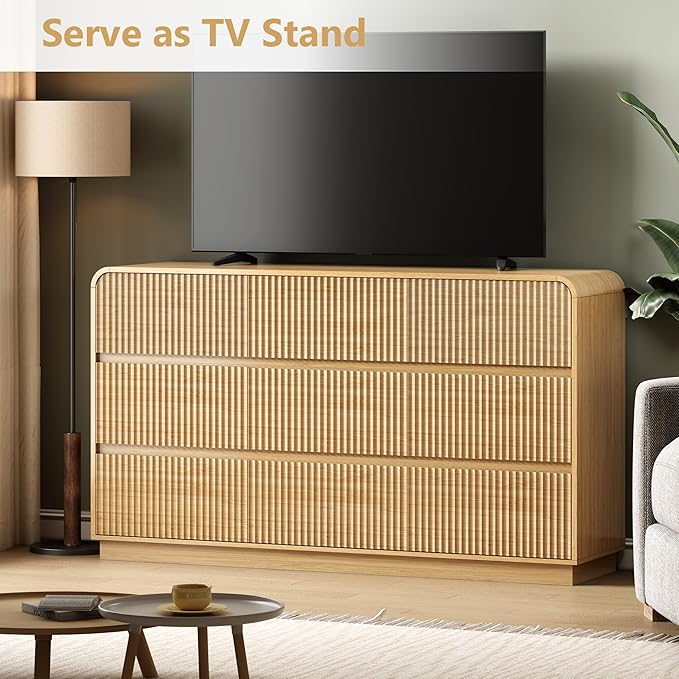 Oak Dresser Fluted 9 Drawers Dresser for Bedroom, 59" Wide Wood Chest of Drawers with Hidden Handles & Rounded Corners, Modern TV Stand Storage Cabinet for Living Room, Hallway, Entryway