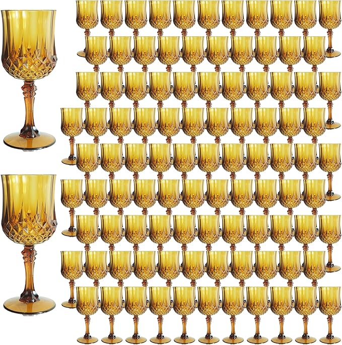 Plastic Wine Glasses, Plastic Goblets Vintage Style Cordial Drinking Glasses for Valentine’s Day, Wedding Reception, Grand Event Party Supplies (100, Amber)