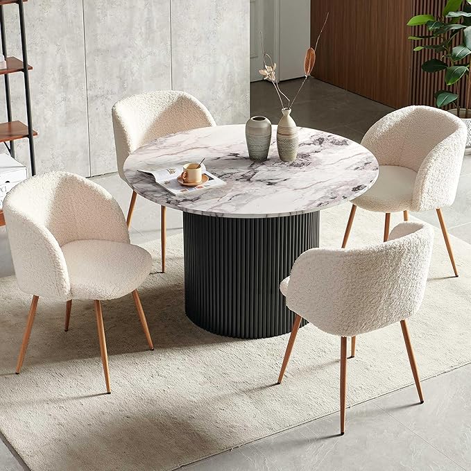 47" Round Dining Table Set for 4,Industrial Circle Kitchen Table Set with Off White Sherpa Barrel Dining Accent Side Chairs Set for Coffee Shop, Two-Part White Marble Look Tabletop
