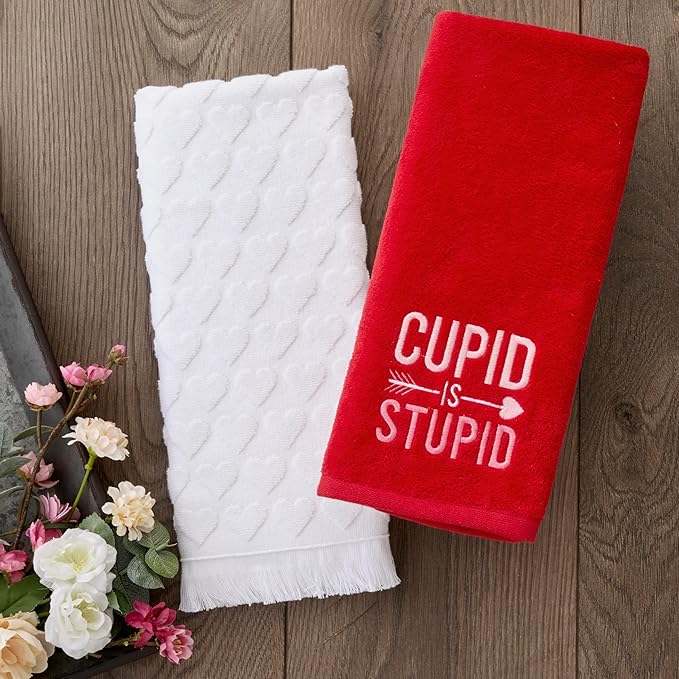 SKL Home Valentine's Day Heart Jacquard 100% Cotton 2pc Hand Towel Set, Decorative for Bath/Kitchen/Bar & Gift, White