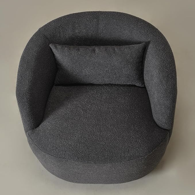 KINWELL 34" Wide Boucle Swivel Barrel Chair, No Assembly Round Upholstered Armchair Accent Chair Single Sofa Chair with Toss Pillow for Living Room and Bedroom, Dark Grey