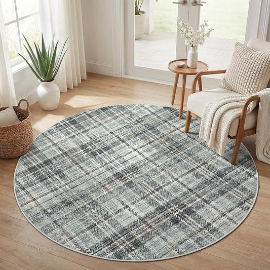 Tartan Plaid Washable Round Rugs 4ft, Non-Slip Soft Small Round Rug Circle Stain Resistant Low Pile Carpet for Entryway Kitchen Bedroom Nursery Bathroom, Greyish Green