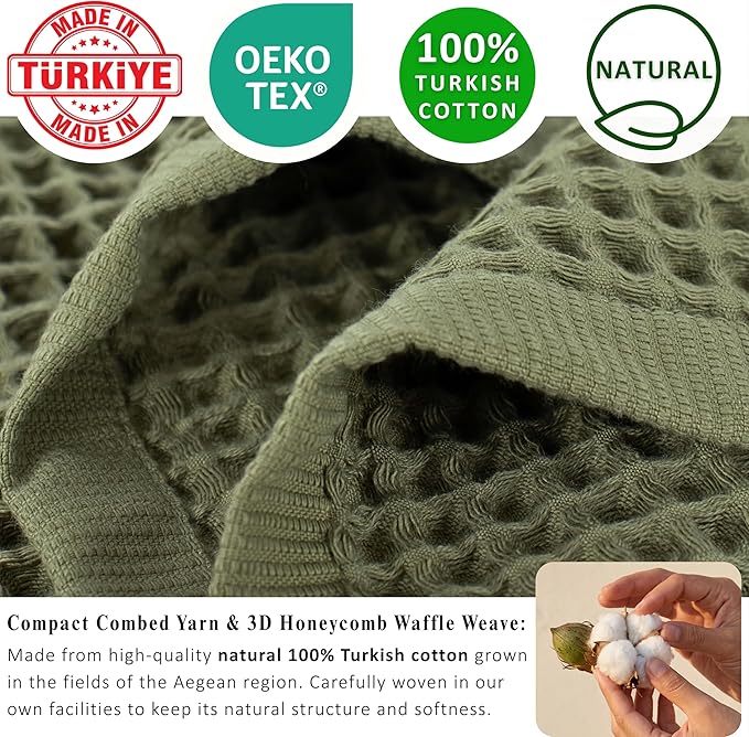 PÜSKÜL 4-Piece Natural 100% Turkish Cotton Luxury Waffle Towels for Bathroom | Premium Honeycomb Weave 2 Hand Towel & 2 Bath Towel Set | Soft Absorbent Quick-Dry Lightweight Towels (Khaki Green)