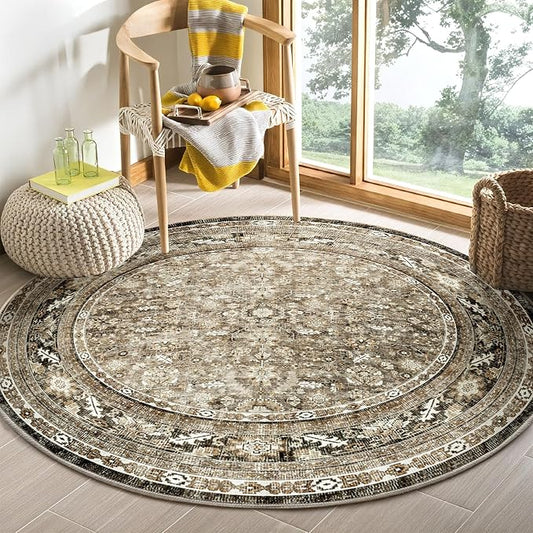 OPPODREAM Vintage Brown Round Rug 5ft, 5 ft Retro Washable Circle Rug Non Slip, Low-Pile Faux Wool Circular Carpet, Distressed Floor Mat for Living Room, Bedroom, Office, Dorm, Dinning Room