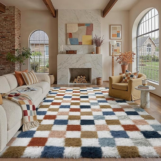 Checkered Rug 9x12 for Living Room, Modern Rainbown Shag Rug Washable Non-Slip Large Area Rug Super Soft Indoor Fuzzy Carpet Fluffy Rugs for Bedroom Home Aesthetic Decor