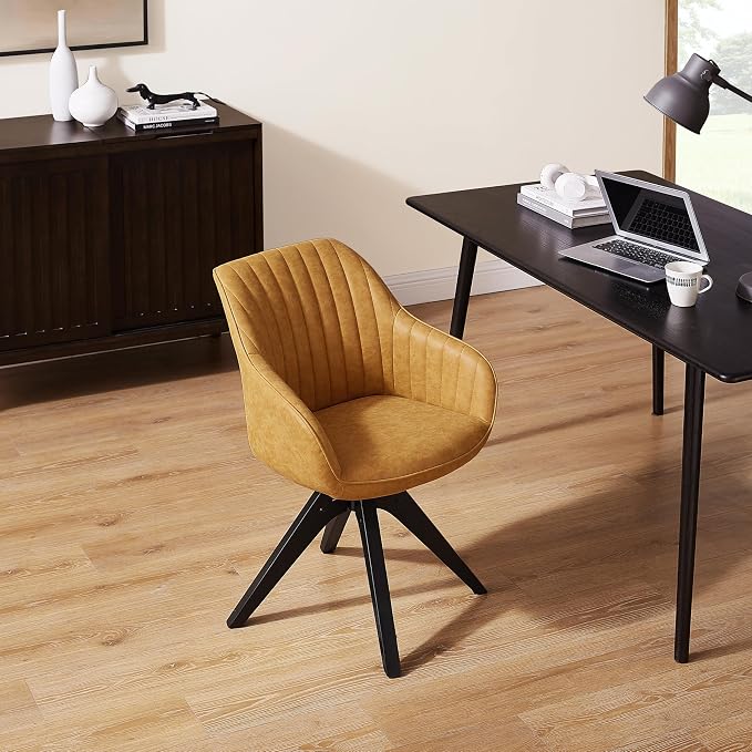 Art Leon Office Chair No Wheels, Mid Century Modern Desk Chair, Swivel Accent Chair with Oak Wood Legs, Faux Leather Upholstered Armchair for Desk, Yellow Brown