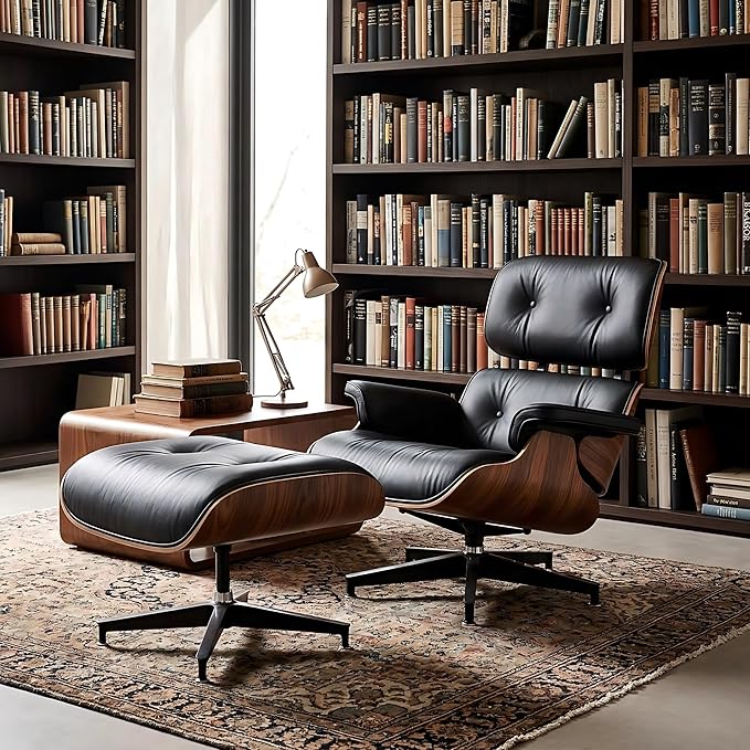 Mid Century Chaise Lounge Chair with Ottoman, Top Black Grain Leather, Modern Office Chair Classic Design, Heavy Duty Base Support for Living Room Study Lounge Office