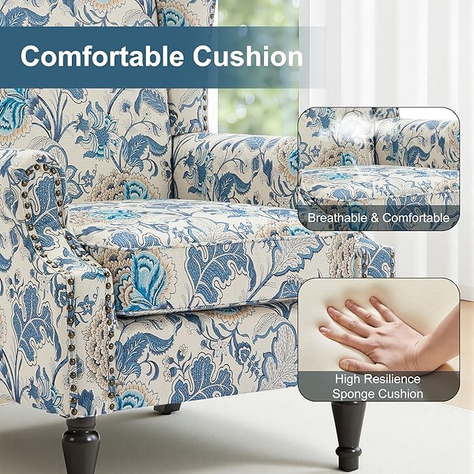 Wingback Chairs Set of 2, High Back Floral Accent Chair in Fabric, Comfy Upholstered Armchair with Nailhead Trim for Living Room, Single Sofa Reading Chair for Small Spaces, Bedroom-Boho Blue
